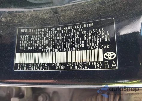 2016 Toyota Corolla Le из США, поврежденный, VIN 5YFBURHE1GP445882